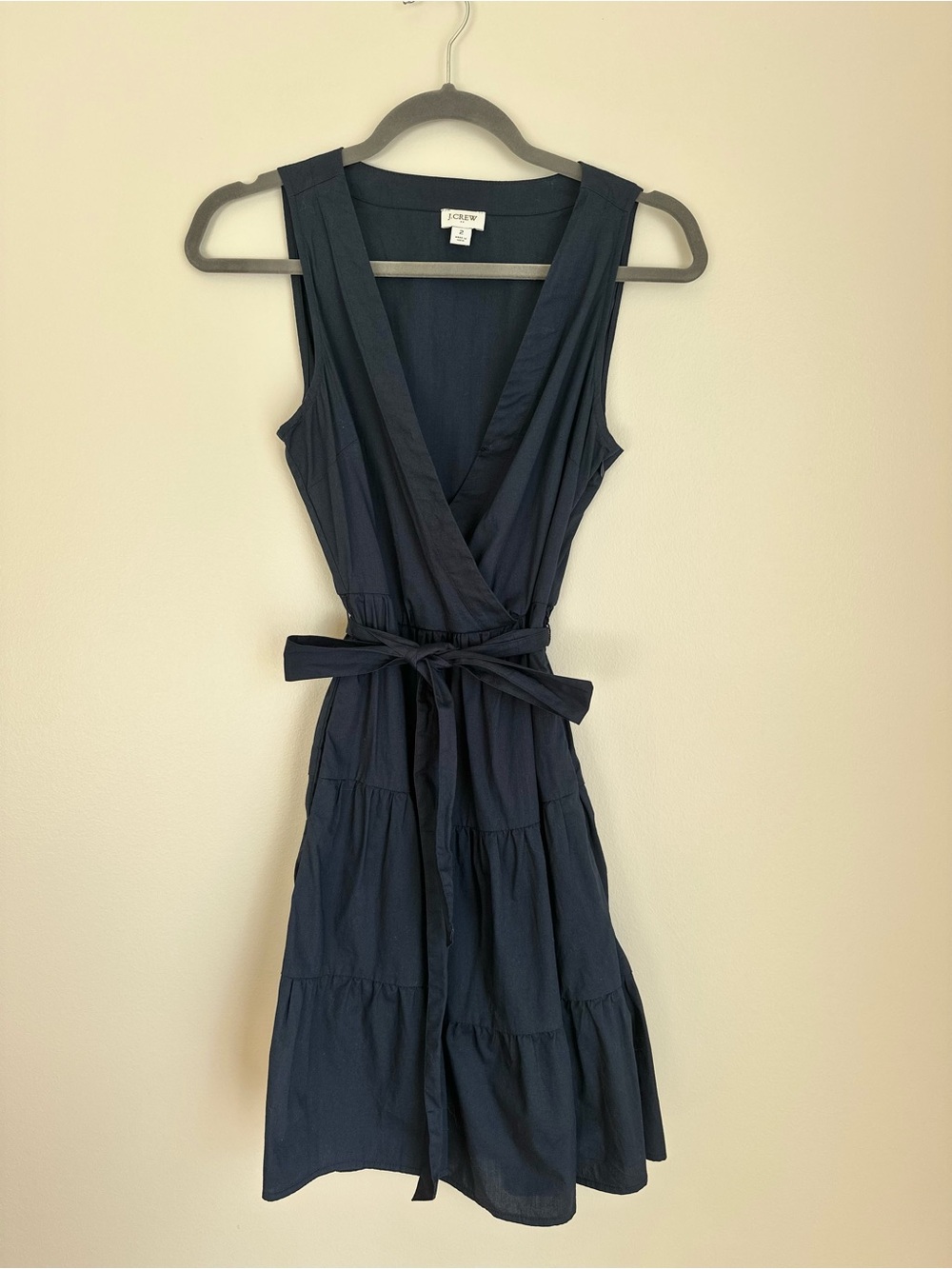 J. Crew women’s Size 2 Faux-wrap sleeveless mini dress belted Navy - Picture 3 of 11